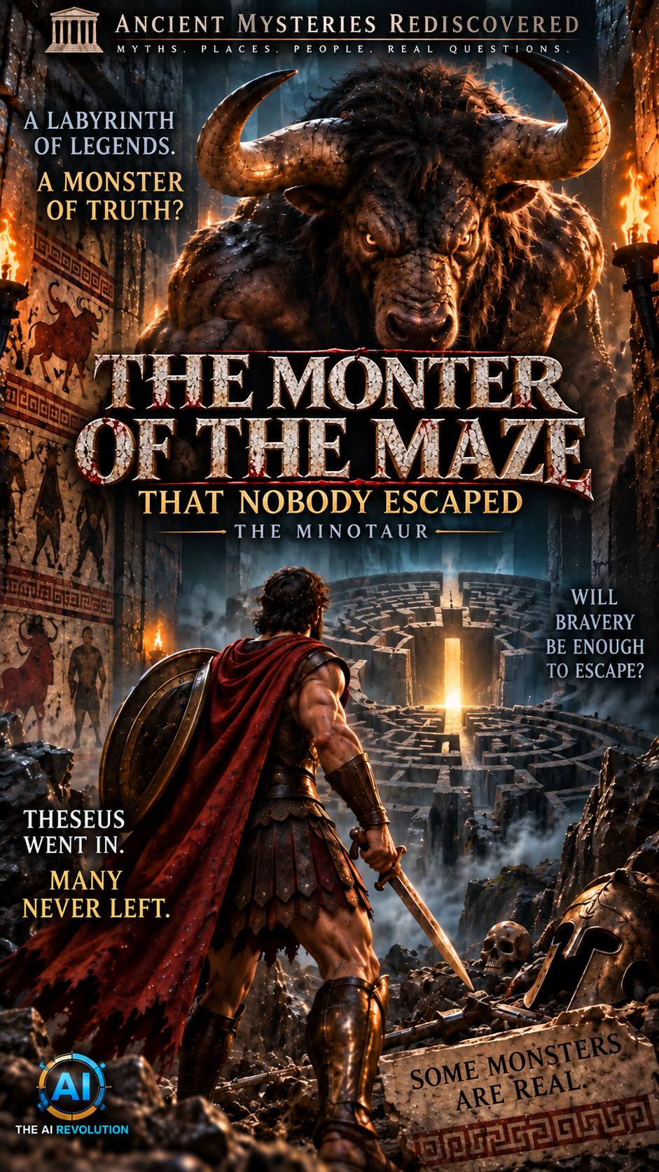 Official Reel poster for The Monster of the Maze: The Minotaur, showing the Minotaur, Theseus, and the labyrinth