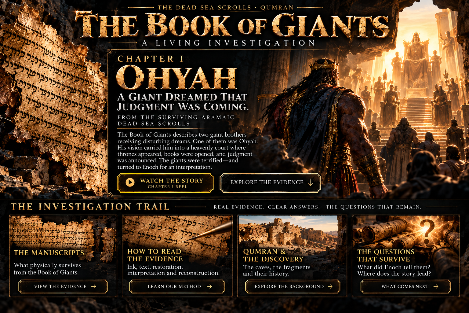 Chapter I Ohyah gateway artwork showing a cinematic giant entering a radiant heavenly court beside an atmospheric manuscript fragment