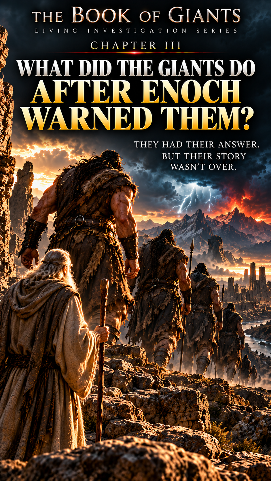 Artist reconstruction showing Enoch watching the giants depart toward a storm-darkened landscape, asking what they did after his warning.