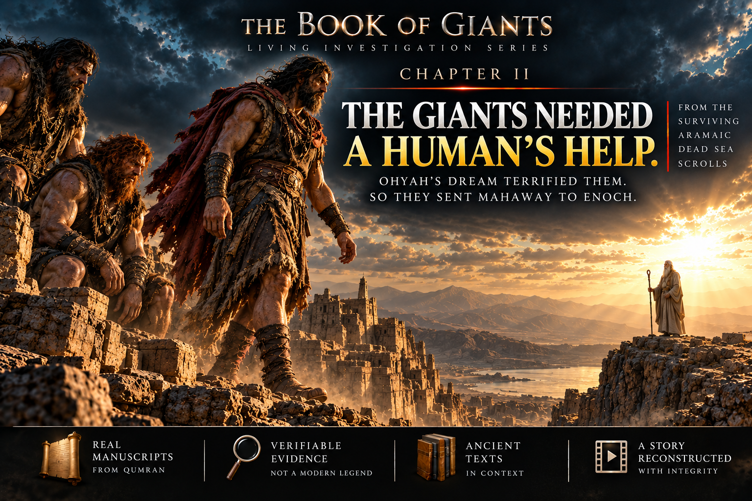 Artist reconstruction for Book of Giants Chapter II showing the giant Mahaway approaching the human Enoch after the giants seek an interpretation of Ohyah's dream.