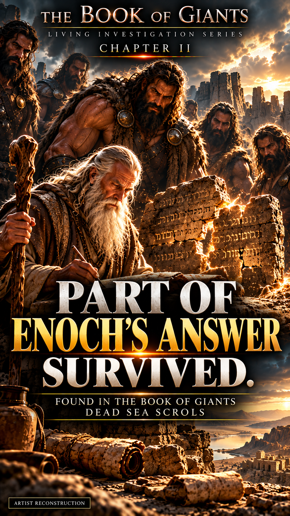 Artist reconstruction for Book of Giants Chapter II showing Enoch writing before towering giants, introducing the investigation into the surviving fragments of his response.