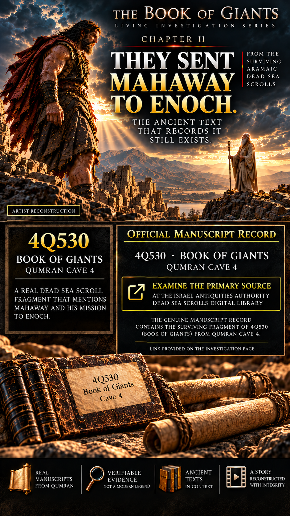 Artist reconstruction receipt for Book of Giants Chapter II showing Mahaway approaching Enoch and identifying the verified external manuscript record for 4Q530.