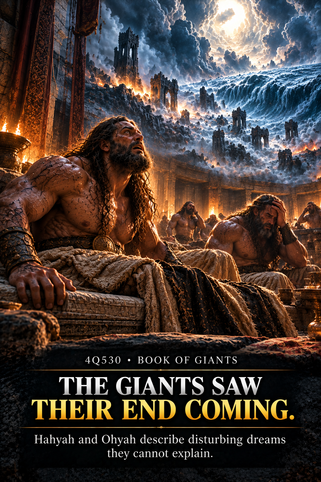 Artistic reconstruction of distressed giants seeing a catastrophic flood vision, representing the frightening dreams in fragmentary Book of Giants material