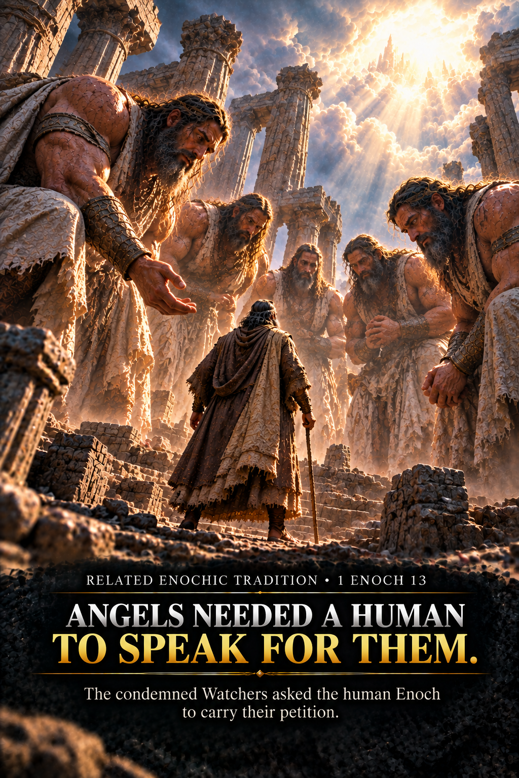 Artistic reconstruction of the human Enoch standing before towering Watchers who ask him to carry their appeal in the related tradition of 1 Enoch 13