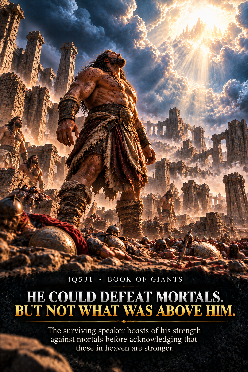 Artistic reconstruction of a powerful giant looking toward overwhelming heavenly light, illustrating the limit acknowledged in 4Q531