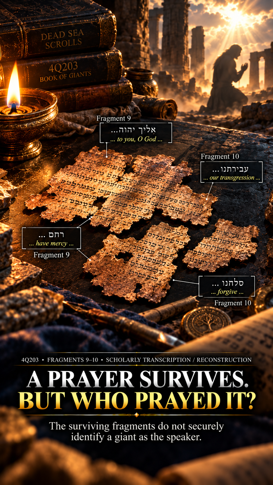 Artistic transcription and reconstruction presentation of prayer language associated with 4Q203 fragments 9 and 10; not a photograph of original Dead Sea Scroll fragments