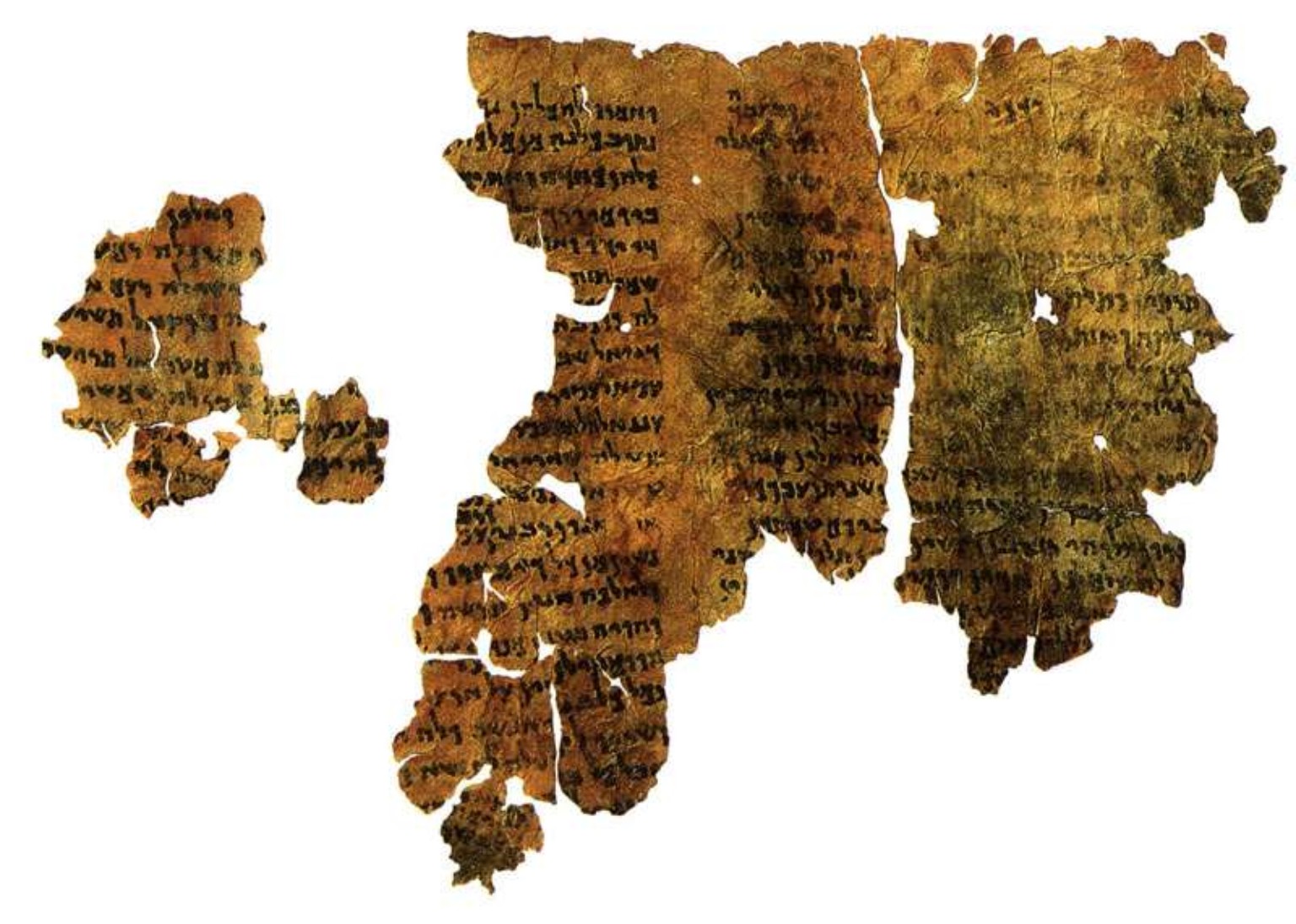 Fragments of the Aramaic Enoch manuscript 4Q201 from Qumran Cave 4, showing surviving dark ink on damaged parchment