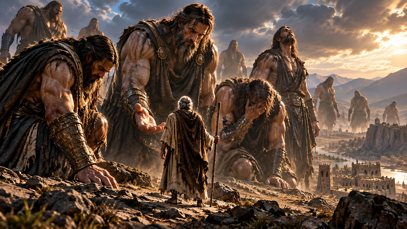 Artist reconstruction of the human Enoch standing among towering Watchers in a vast ancient landscape