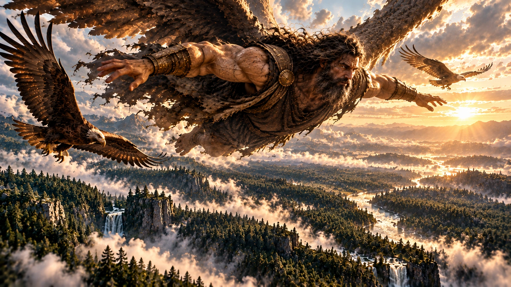 Artist reconstruction of the giant Mahaway moving through the air over a misty wilderness near eagles