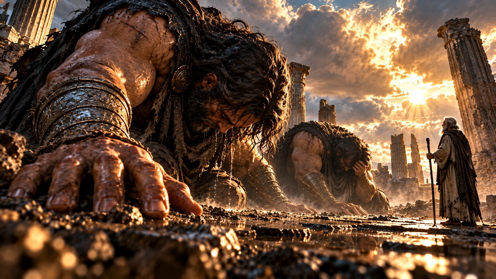 Ground-level artist reconstruction of exactly two giants, Ohyah and Hahyah, bowing and weeping before the distant human Enoch