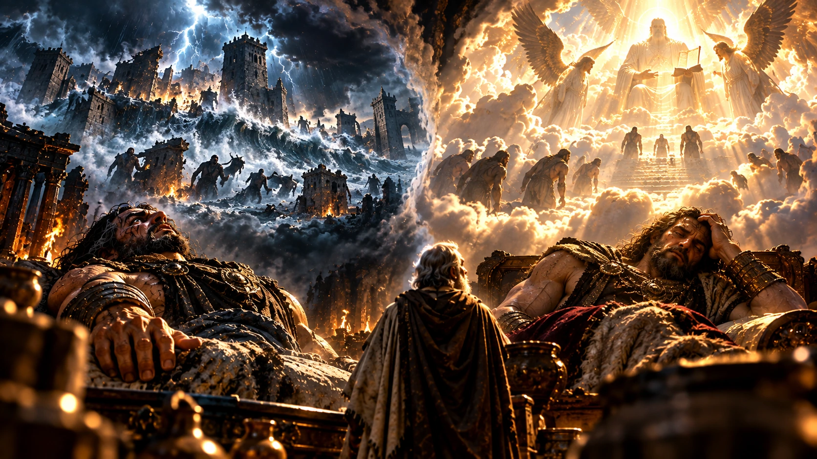 Composite artist visualization of two giant dreamers, with catastrophic destruction on the left and a heavenly judgment court on the right