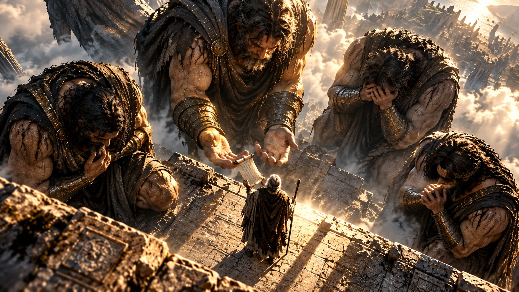 Overhead artist reconstruction of enormous Watchers surrounding the much smaller human Enoch as they appeal to him