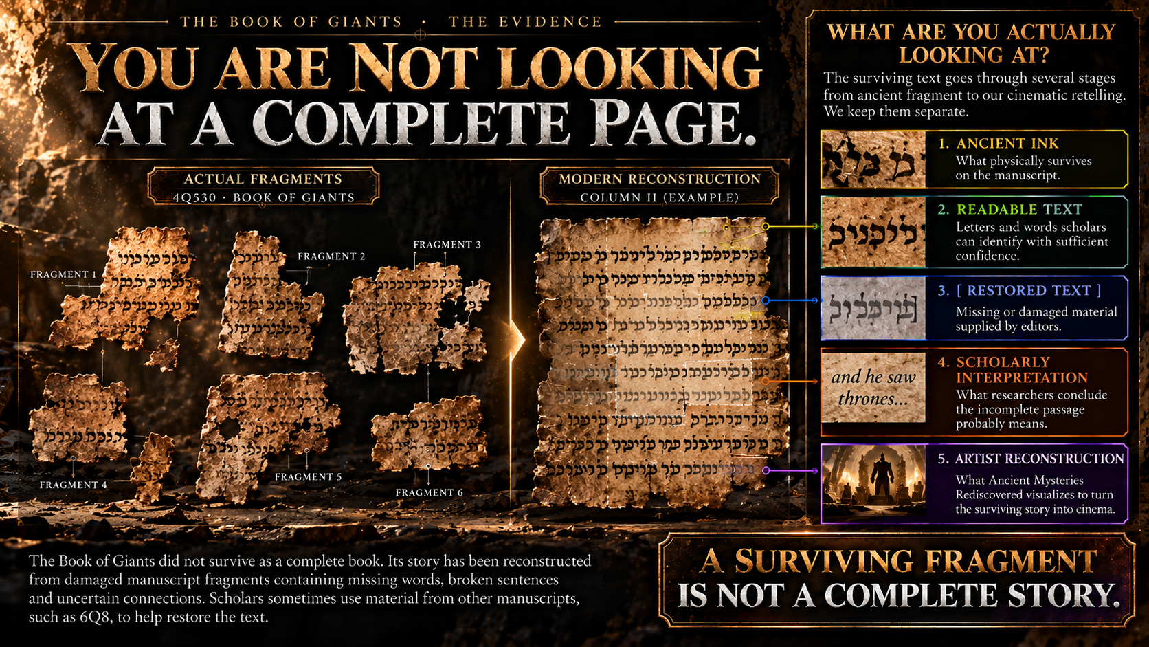 Evidence method artwork showing scattered fragments, a modern reconstruction, and five separately labeled stages from ancient ink to artist reconstruction
