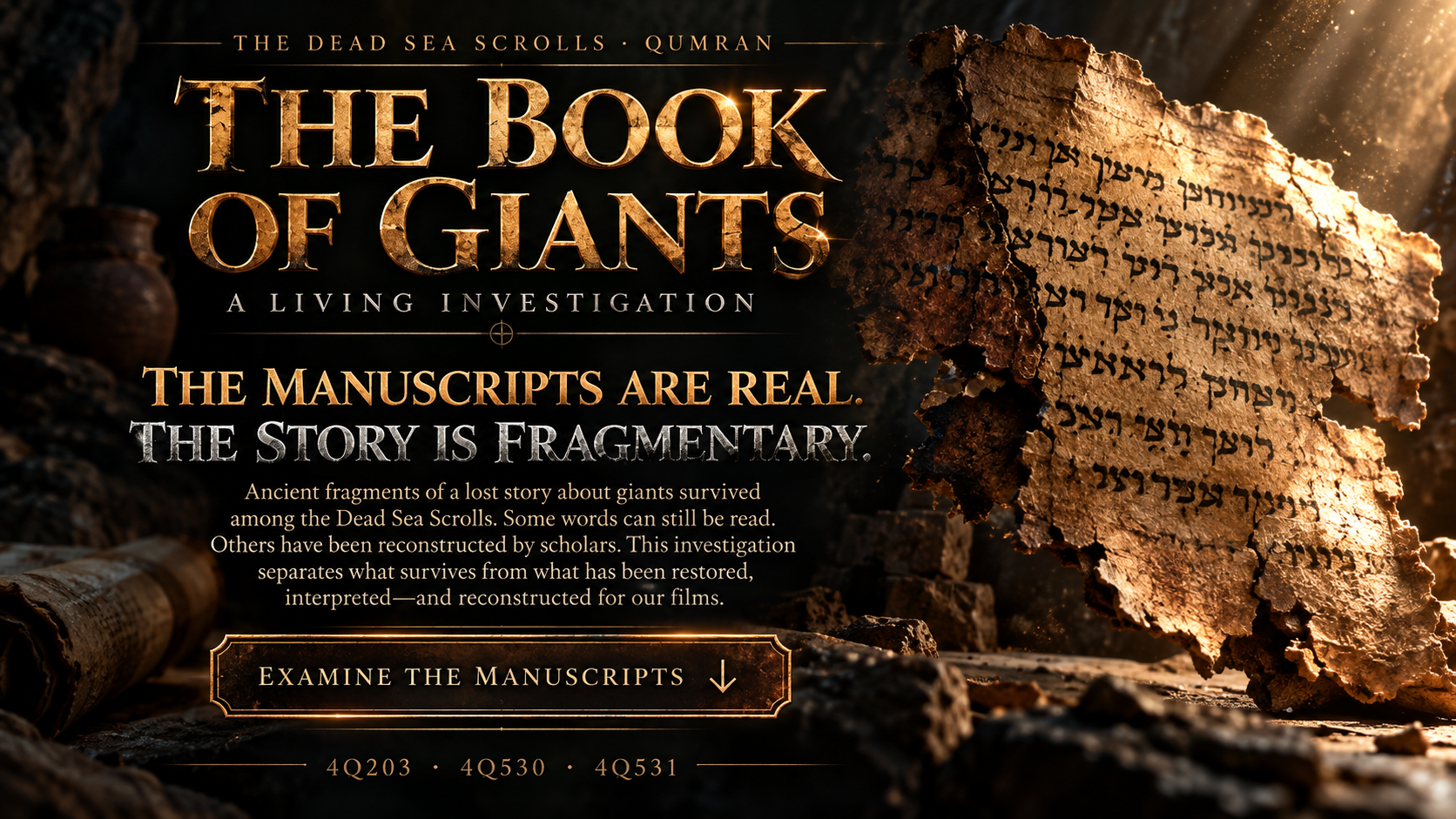 Cinematic Book of Giants investigation artwork with monumental title text, a weathered manuscript fragment, pottery, and firelit archaeological atmosphere
