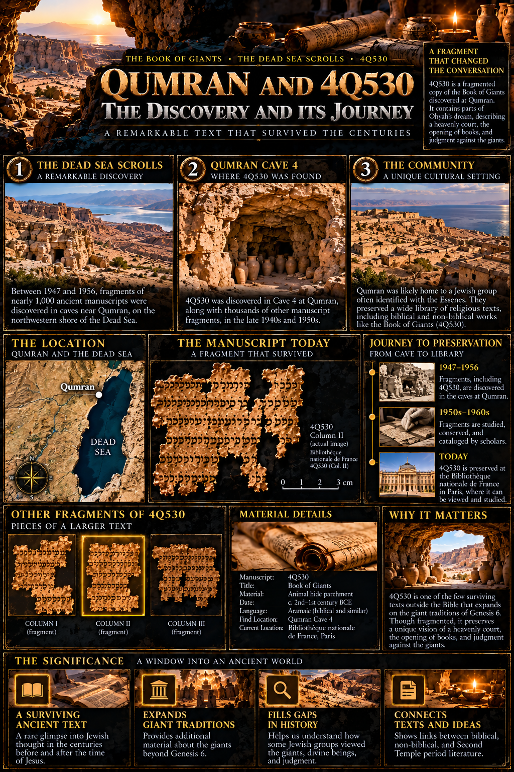 Cinematic Qumran context artwork combining desert caves, a map, manuscript fragments, a preservation timeline, and interpretive summary panels