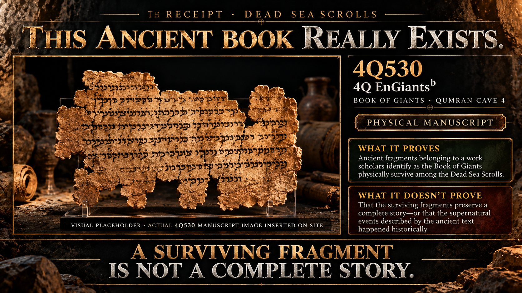 Cinematic receipt design for 4Q530. Its generated manuscript placeholder is obscured so it cannot be mistaken for physical evidence.