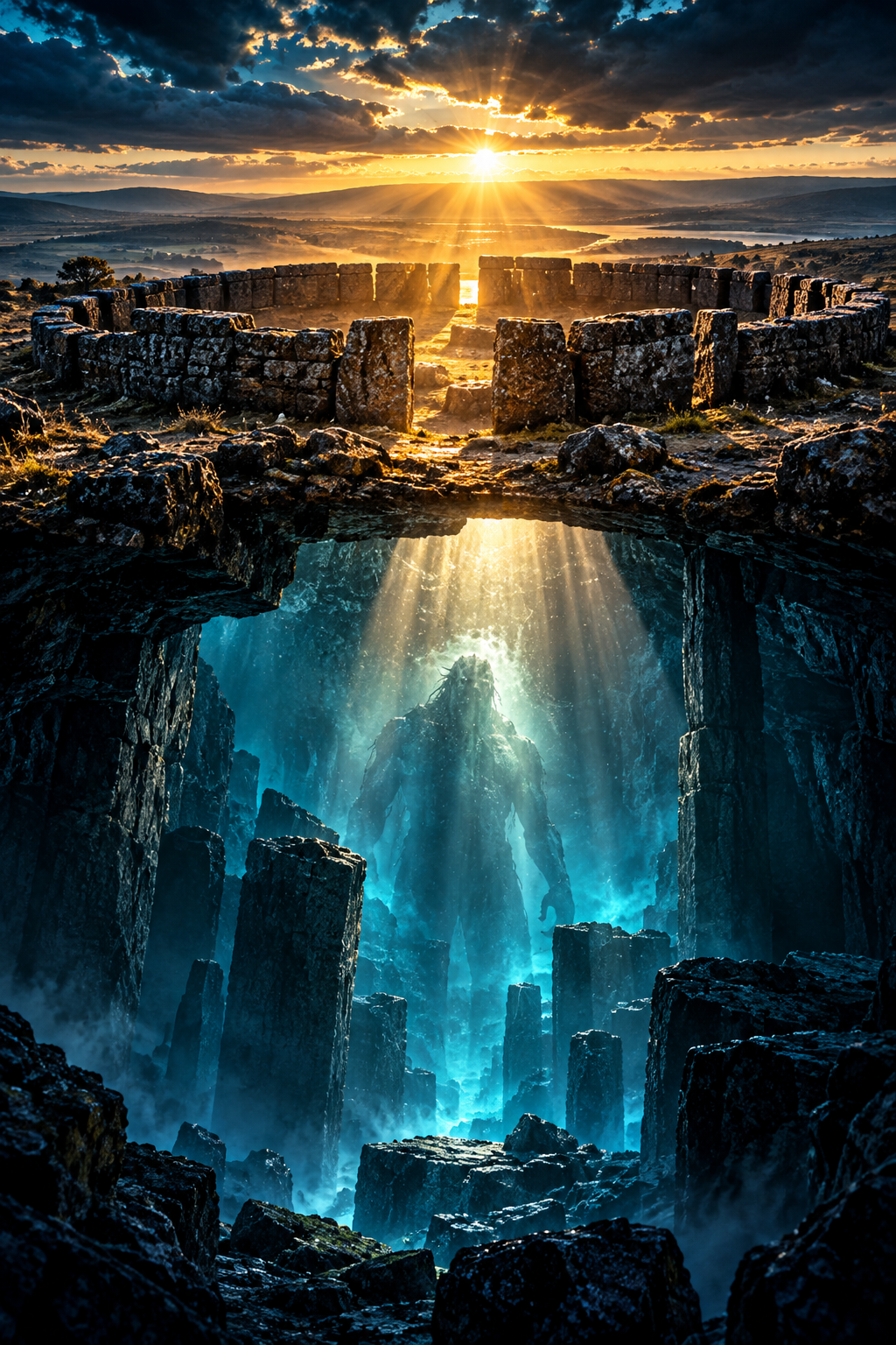 Speculative cinematic scene of a circular basalt structure at sunrise above a turquoise-lit underground chamber where a towering figure emerges through mist