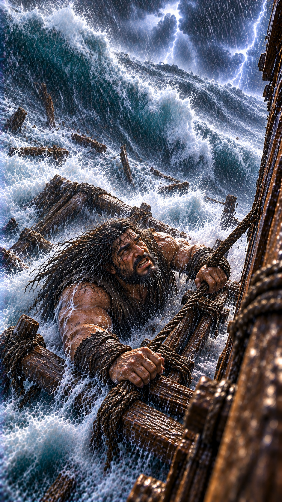 Cinematic reconstruction of the giant fighting floodwaters while gripping the side of the ark