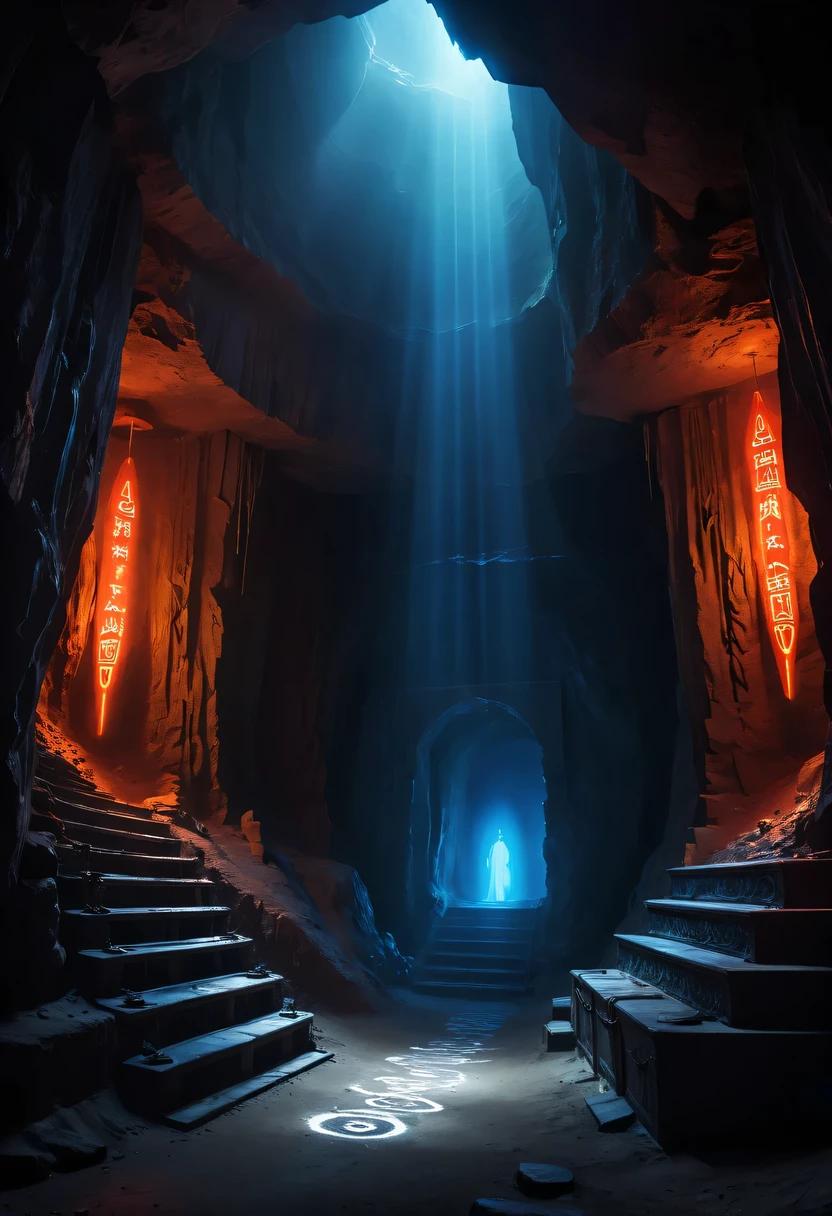 Speculative blue-lit subterranean reconstruction with monumental stone architecture and distant figures