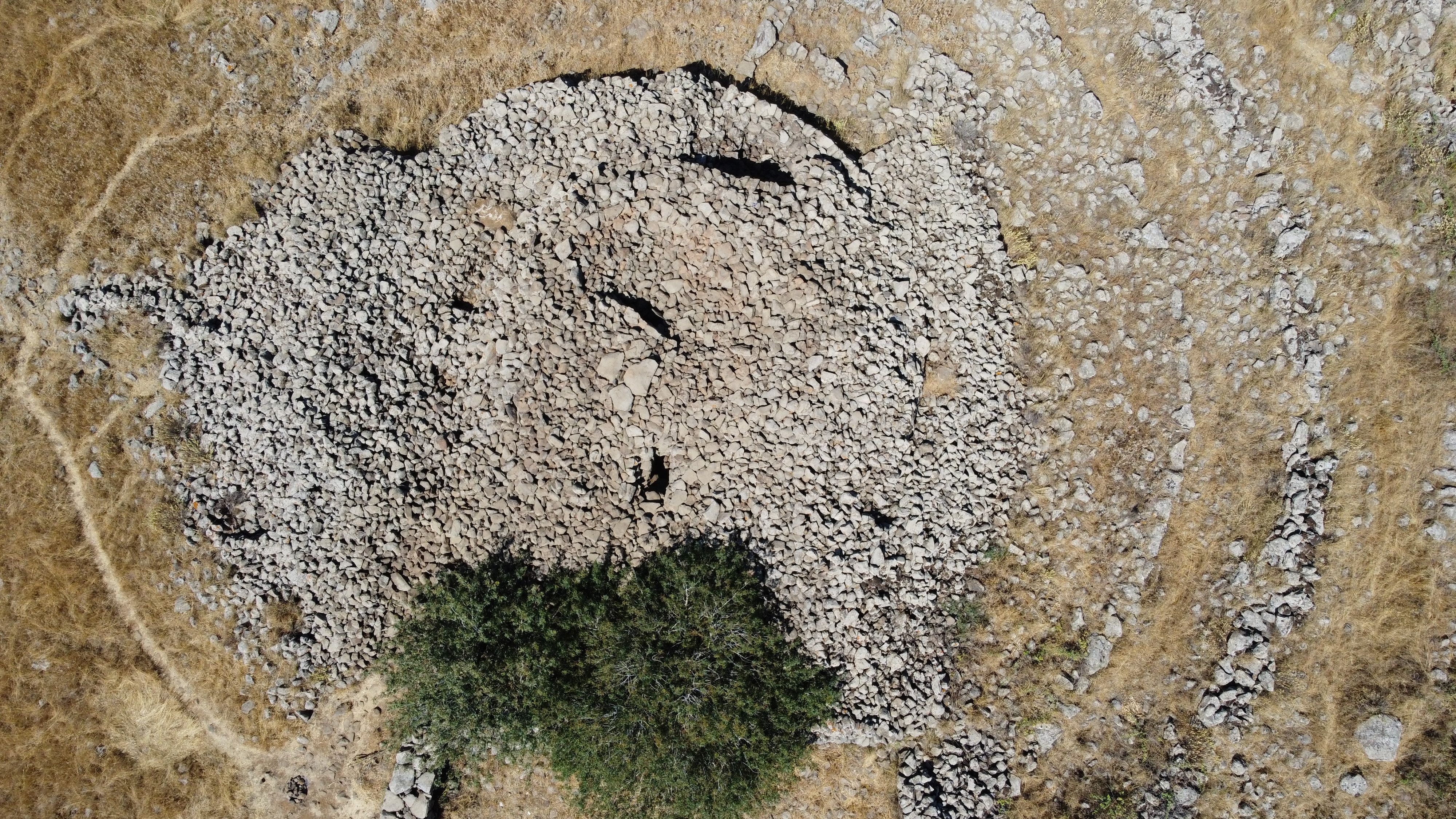 Aerial photograph of the concentric basalt rings at Rujm el-Hiri