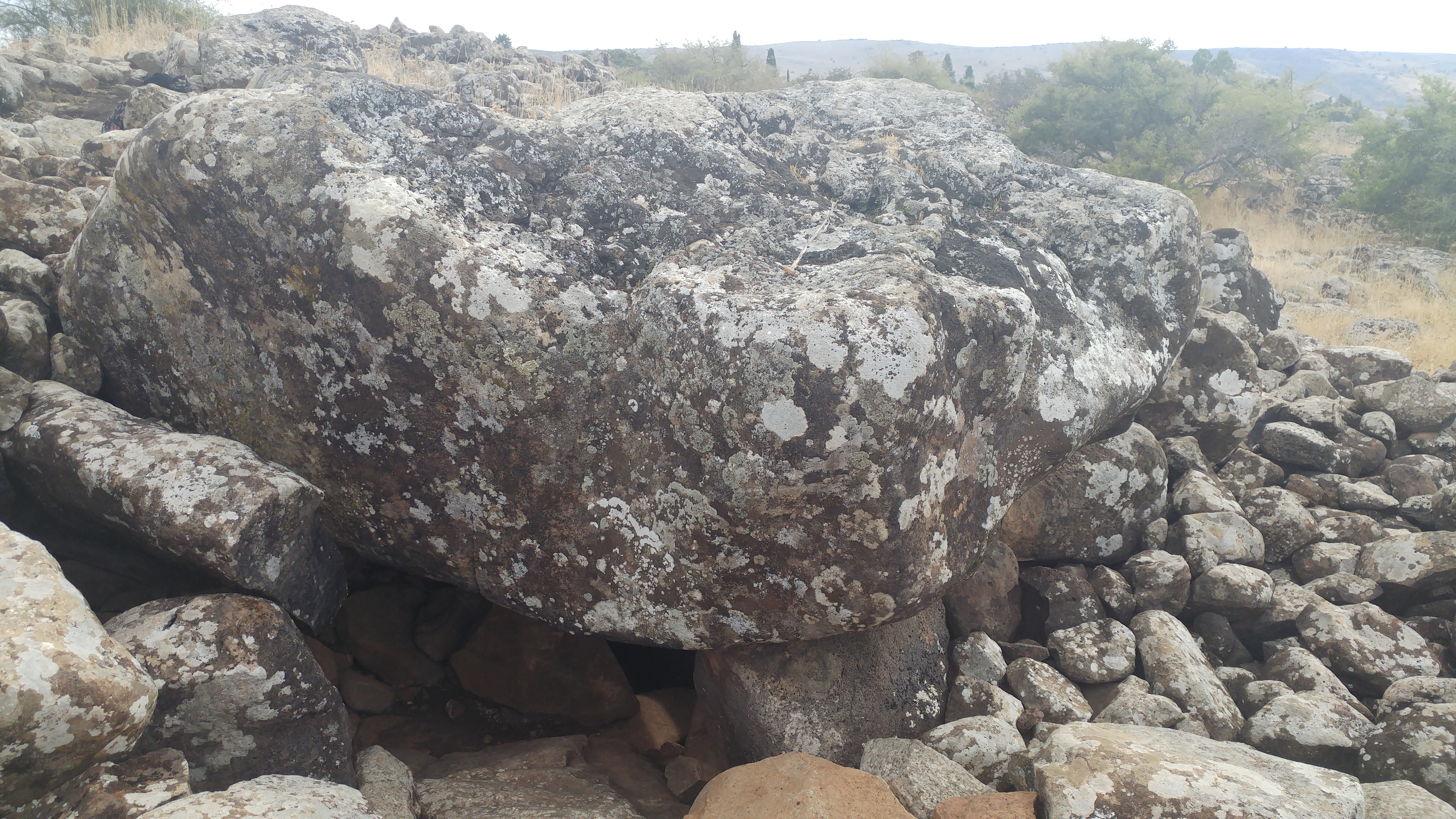 Large basalt capstone over the monumental dolmen at Shamir