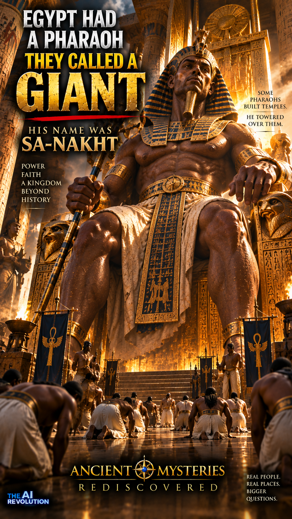 Official Sa-Nakht Reel poster showing a cinematic imagined giant pharaoh seated in an Egyptian temple